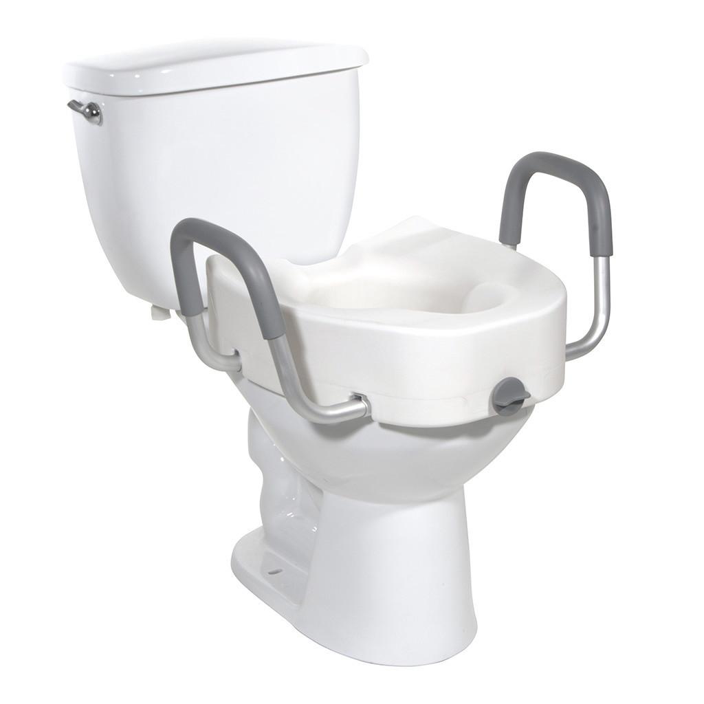 Elongated raised toilet seat with gray arm supports and secure side brackets