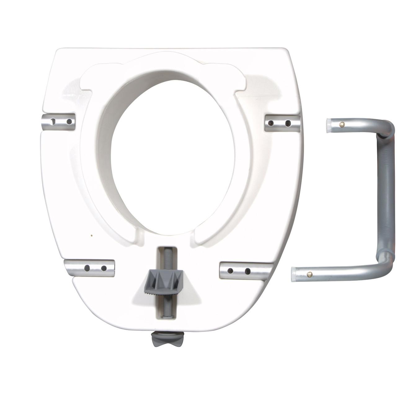 Raised elongated toilet seat with grey arms and central locking hardware