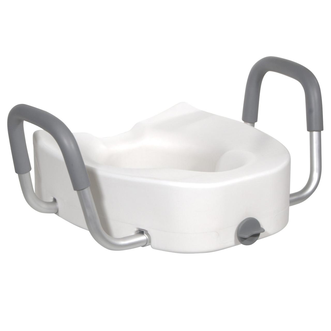 Elongated raised toilet seat with two armrests and metal side supports