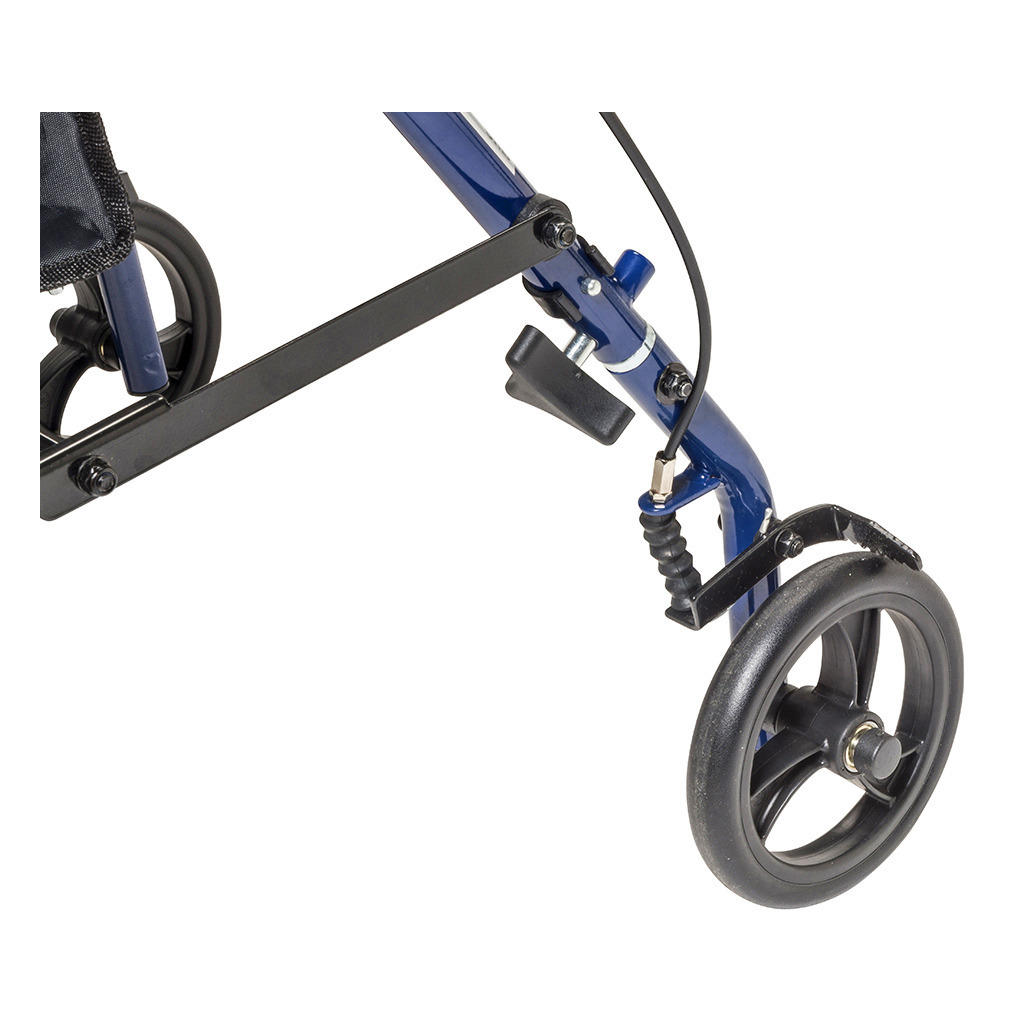Rollator caster wheel with brake handle on blue frame; black rubber tire