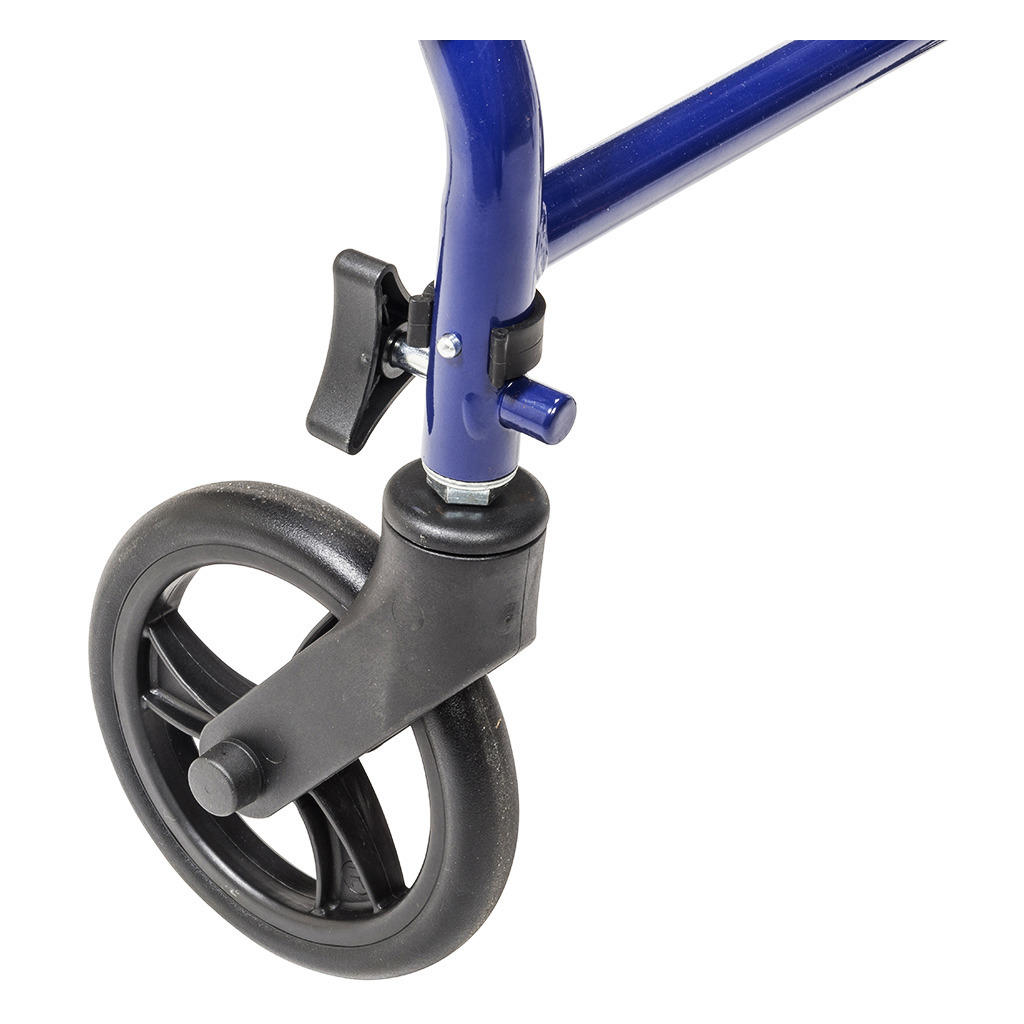 Rollator front wheel with swivel fork and hardware on blue steel frame