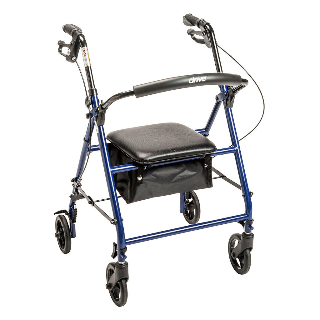 Blue steel rollator with padded seat, backrest, and 6-in wheels; 300 lb capacity