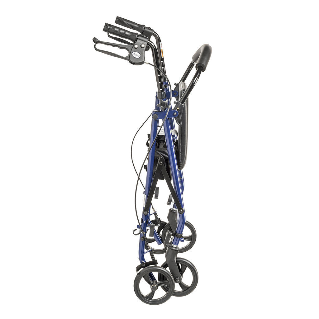 Side view blue rollator frame with padded seat, armrests, black under-bag, and 6 wheels