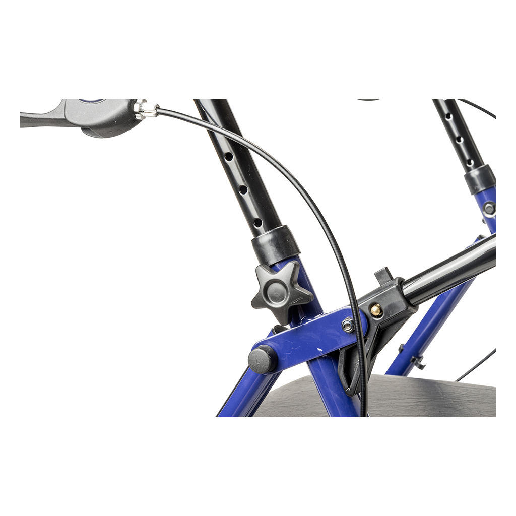 Rollator handlebar with brake cables and control hardware on blue frame