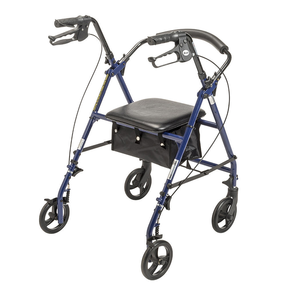 Blue rollator with padded seat, black storage pouch, curved handlebars, and 6 wheels