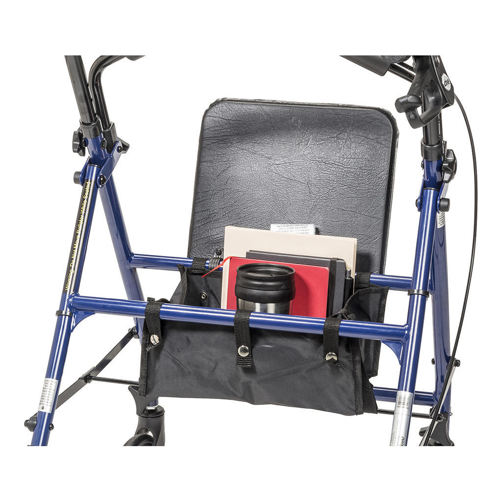 Rollator padded seat with black front organizer pouch holding small items; blue frame