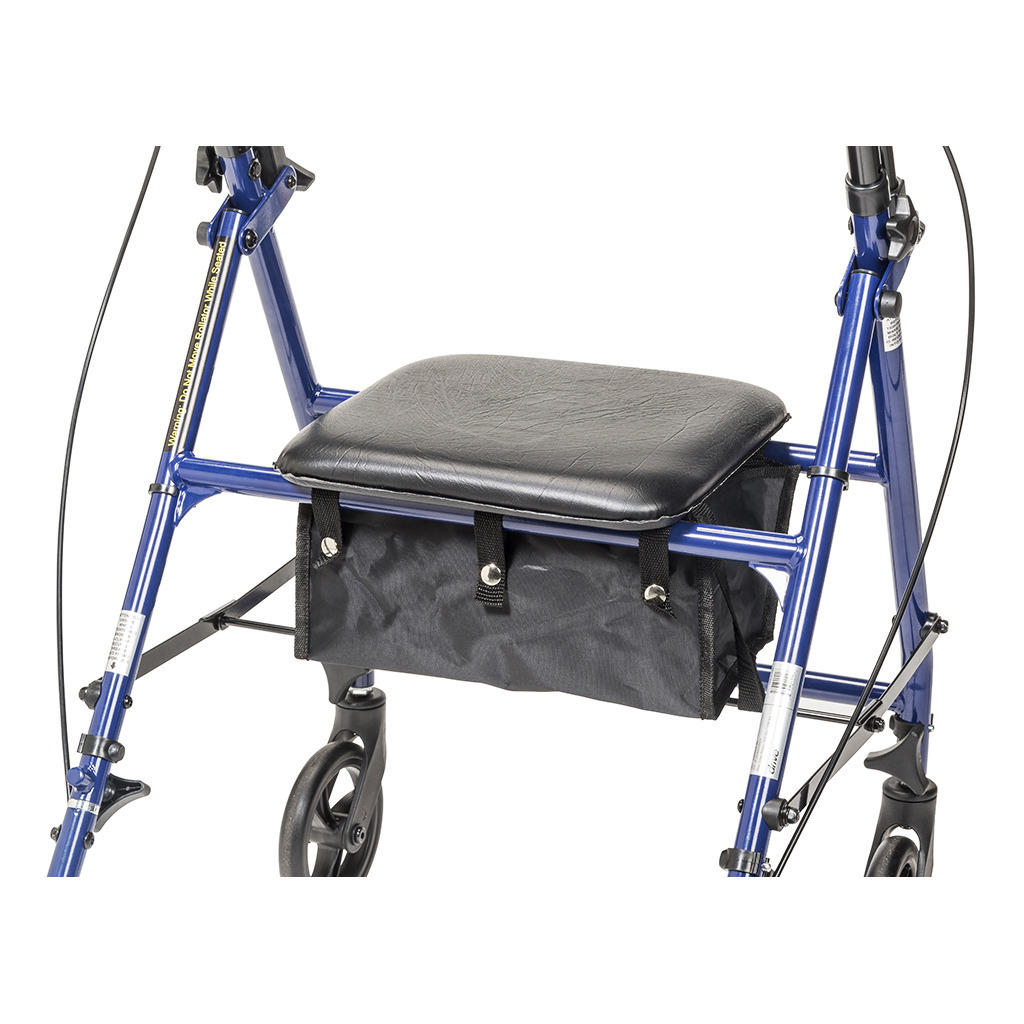 Padded rollator seat with black under-bag storage attached to blue frame