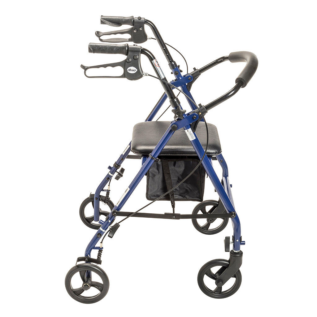 Blue rollator with padded backrest, armrests, black under-bag, and 6-in wheels