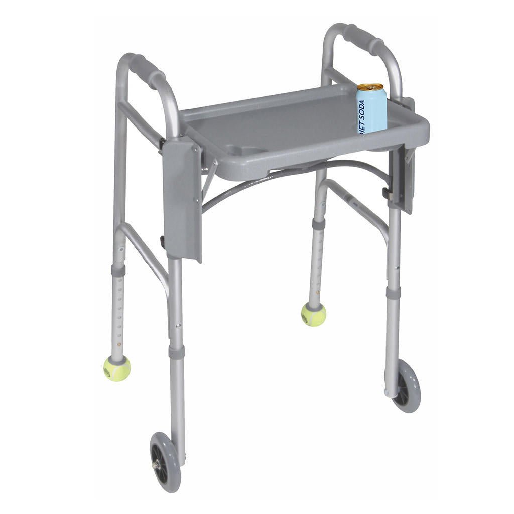 Walker tray attachment for mobility walker with side cup holder and gray tabletop