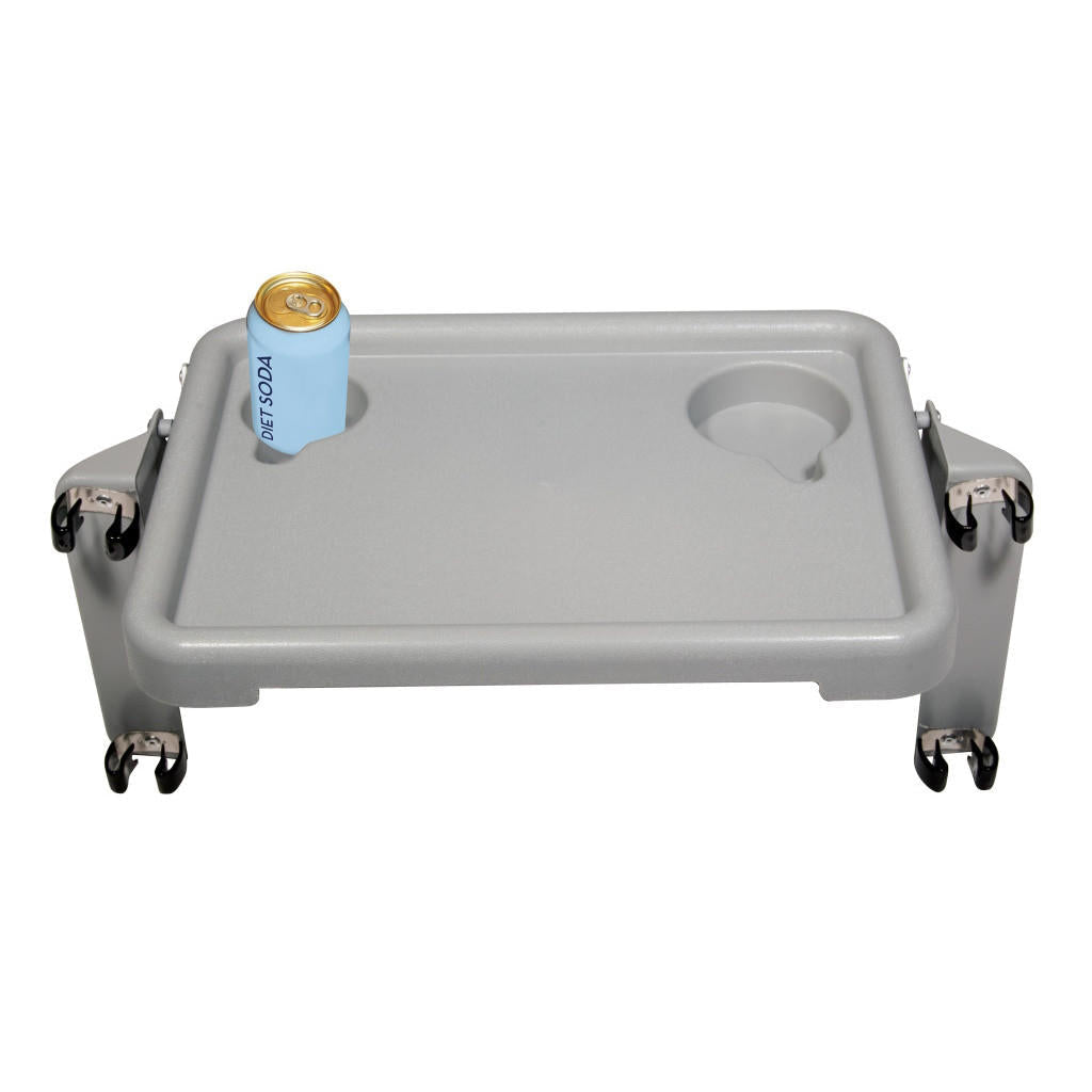 Gray walker tray tabletop with built-in cup holder and four caster-style mounts