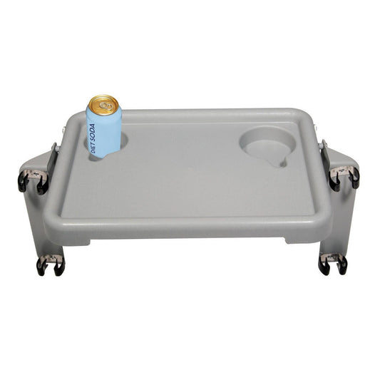 Gray walker tray tabletop with built-in cup holder and four caster-style mounts