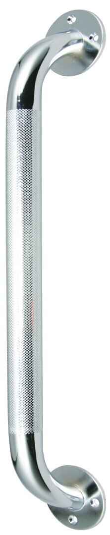 Knurled chrome wall grab bar with curved grips and round mounting plates