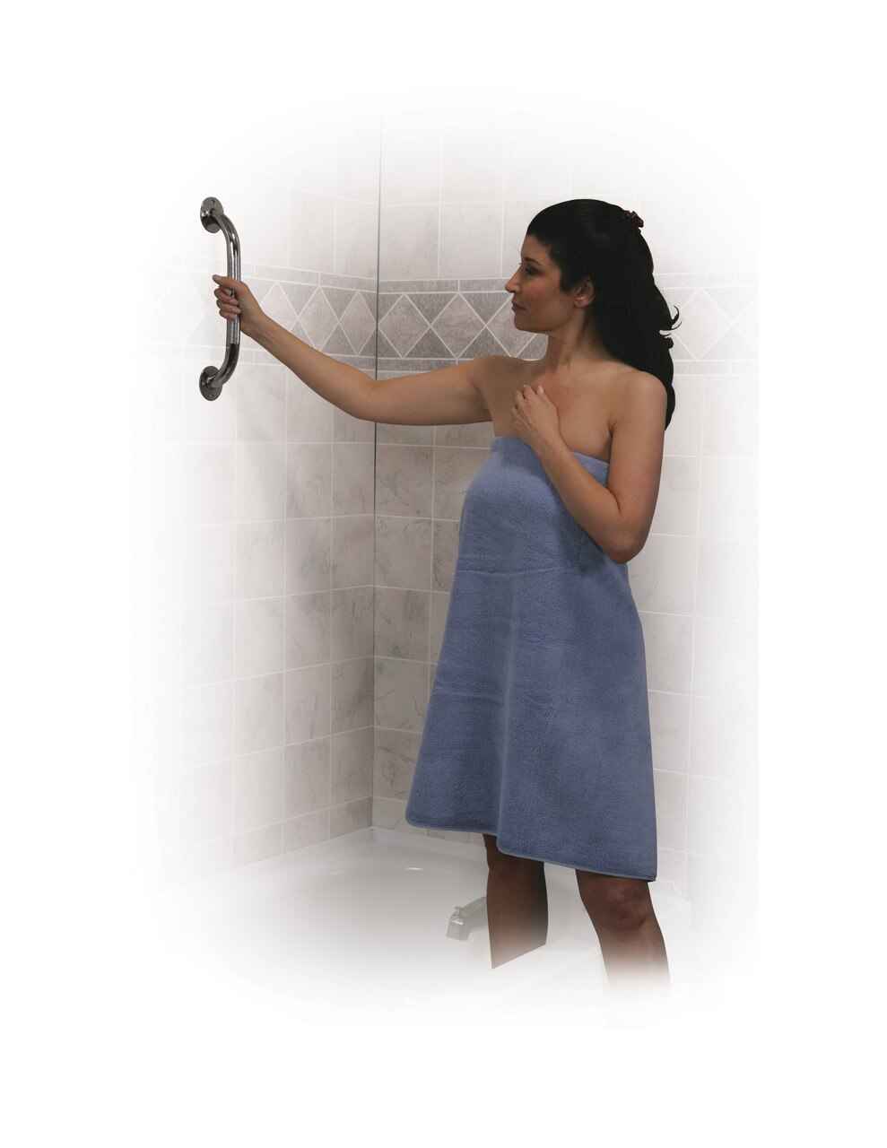 Chrome knurled wall grab bar with curved handles for bathroom support