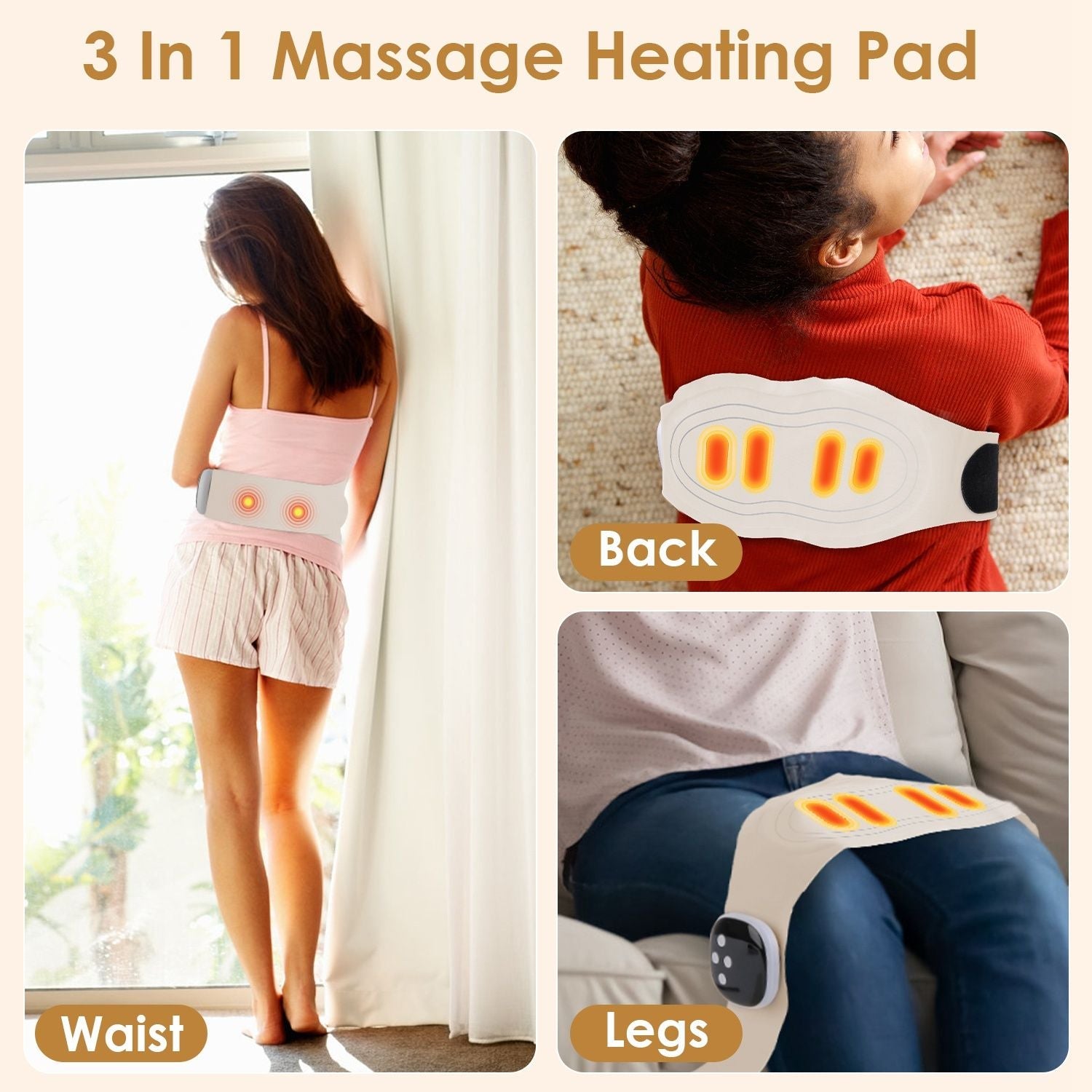 Beige 3-in-1 heating pad for waist, back, and legs with glowing heat bars