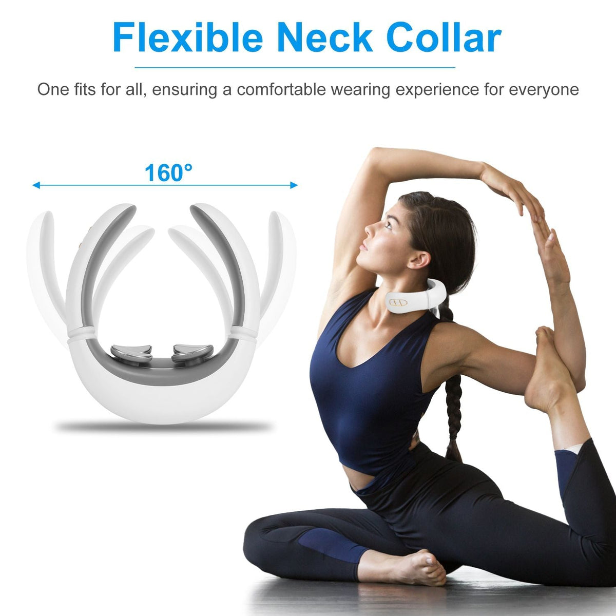 Flexible neck collar massager in white with gray contact pads, shown on user