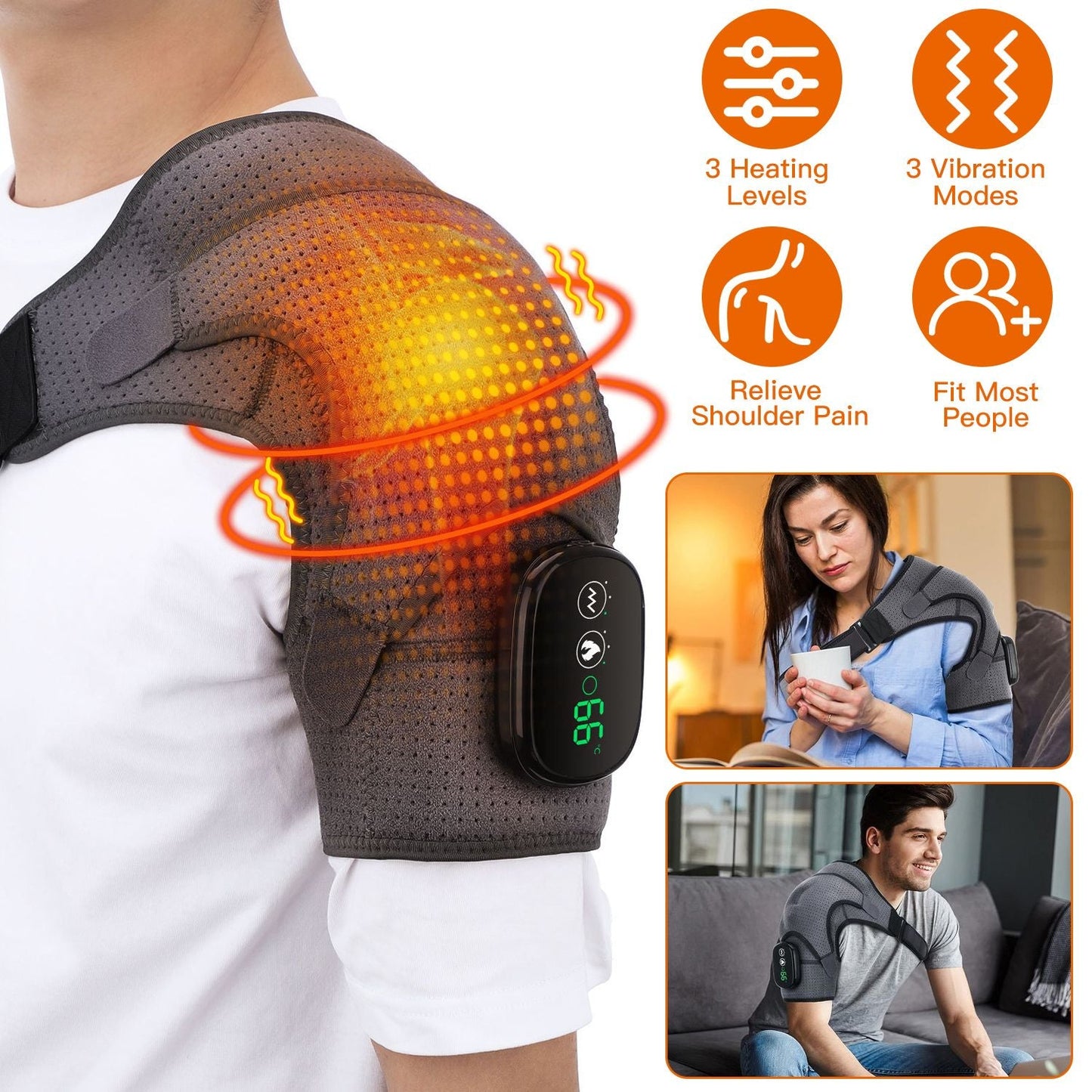 Grey heated shoulder wrap with controller and visible heating area on shoulder