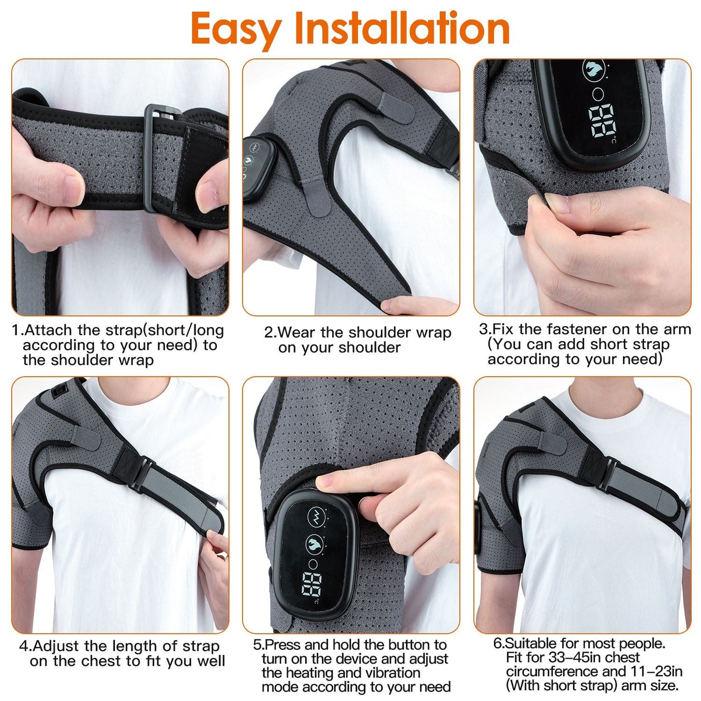 Cordless heated shoulder wrap with adjustable strap and built-in control unit