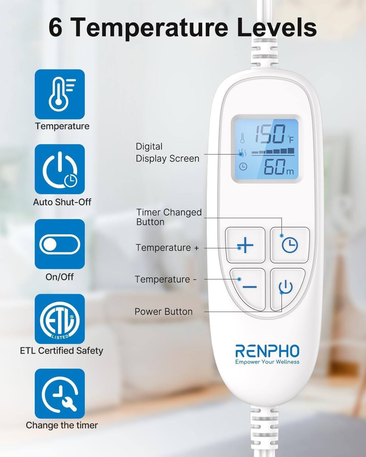 Heating pad controller with digital temperature display and timer controls