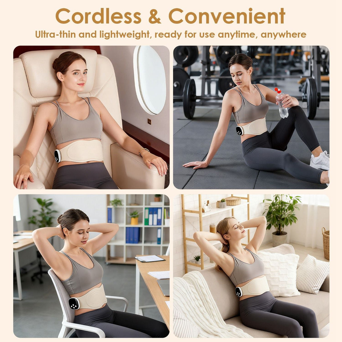Beige EMS heating pad shown in use for back and waist comfort, cordless remote