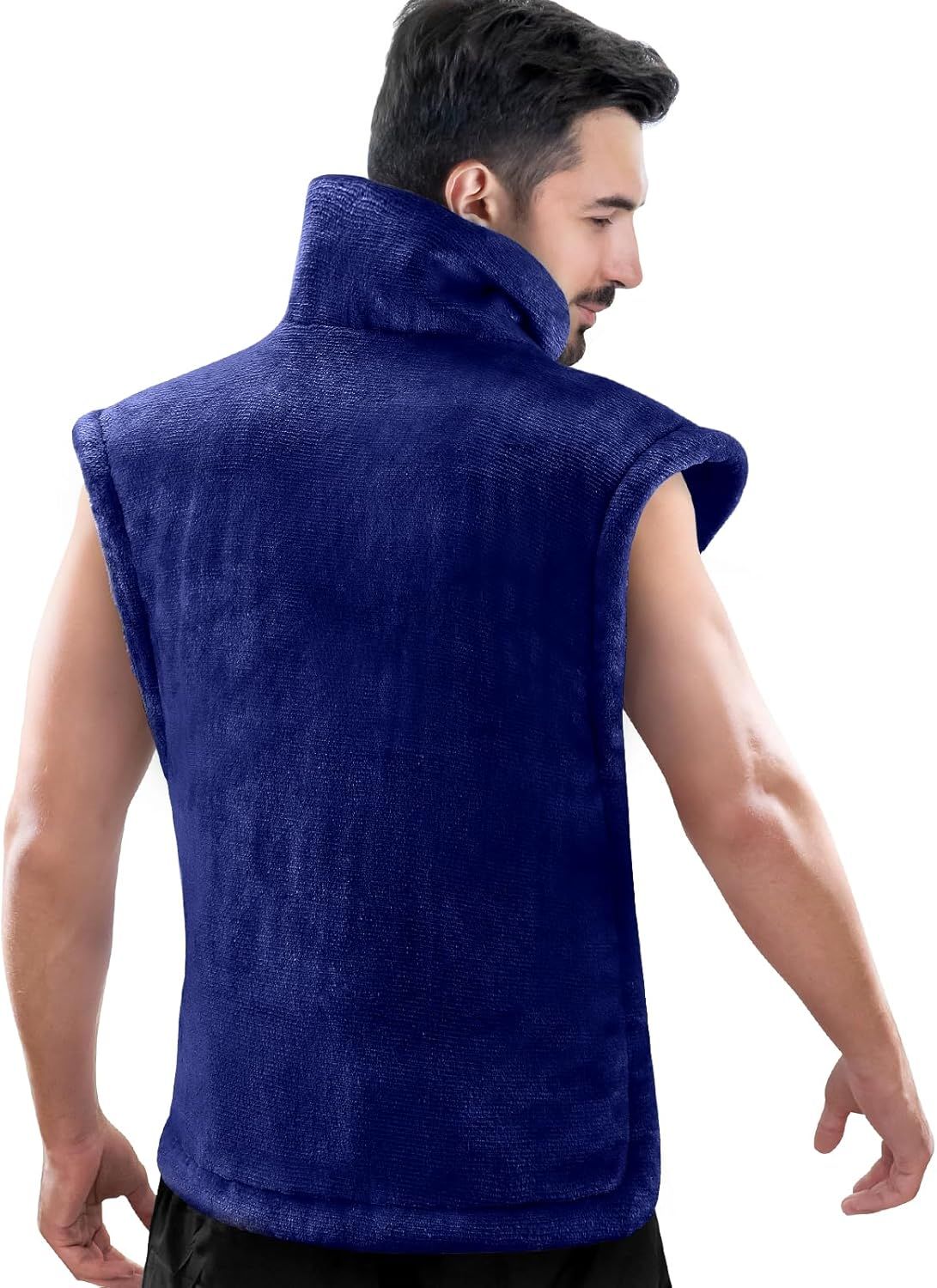 Blue weighted heating pad vest for neck and shoulders, sleeveless design