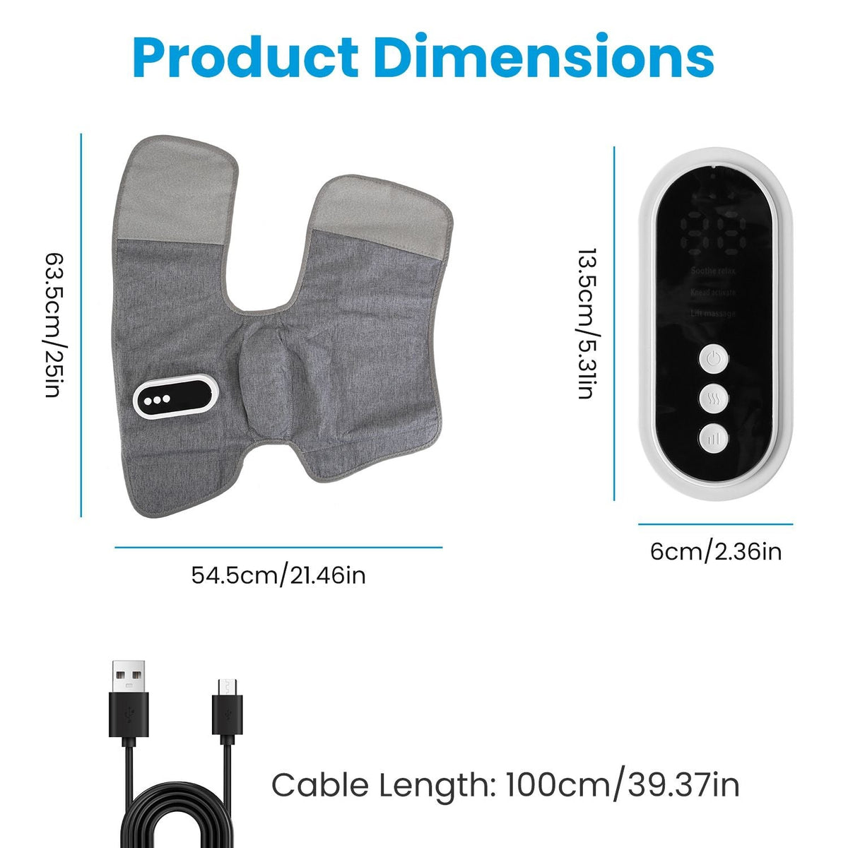 Grey leg wrap massager with central controller and overall product dimensions
