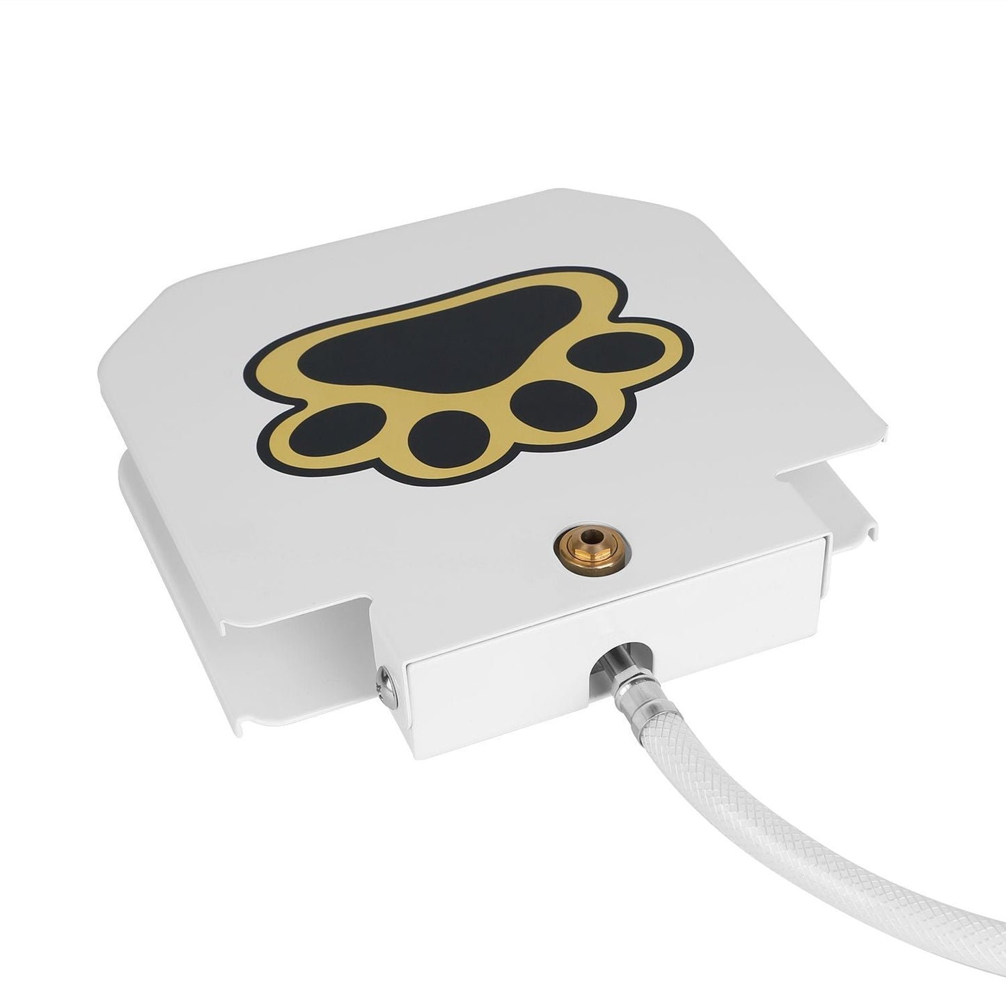 White step-on pet water fountain with paw logo, side outlet and connected hose