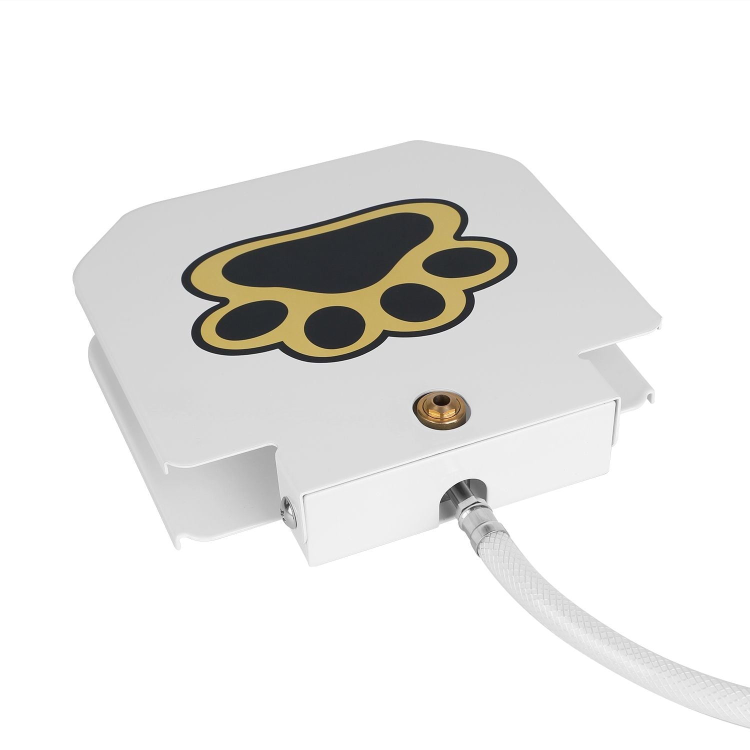 White step-on pet water fountain with paw logo, side outlet and connected hose