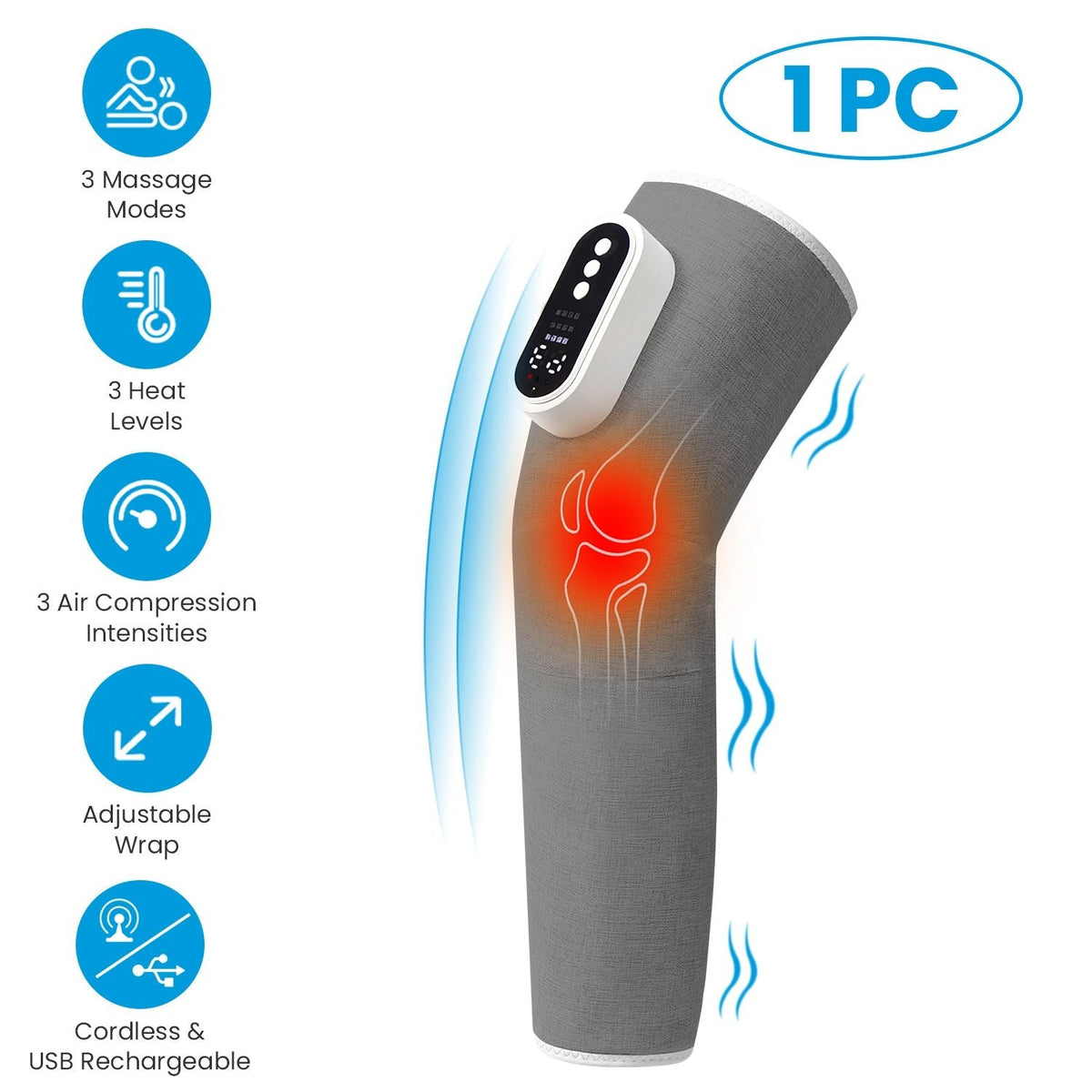 Grey air compression leg massager wrap with heated control panel for thigh, knee, calf