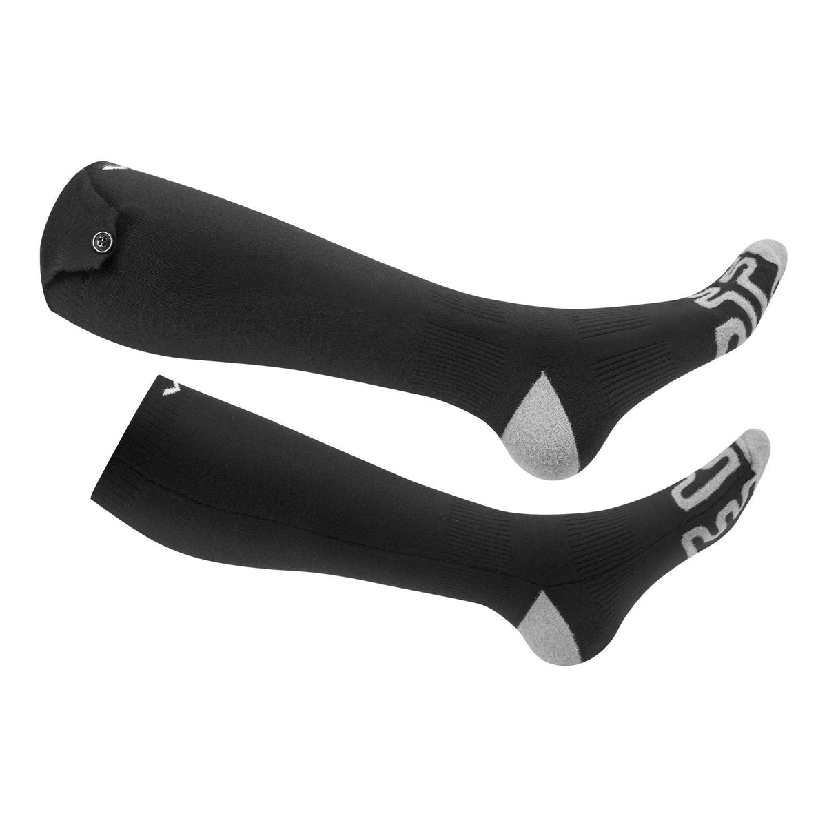 Two black heated socks with gray heel and toe, side view with V logo accents