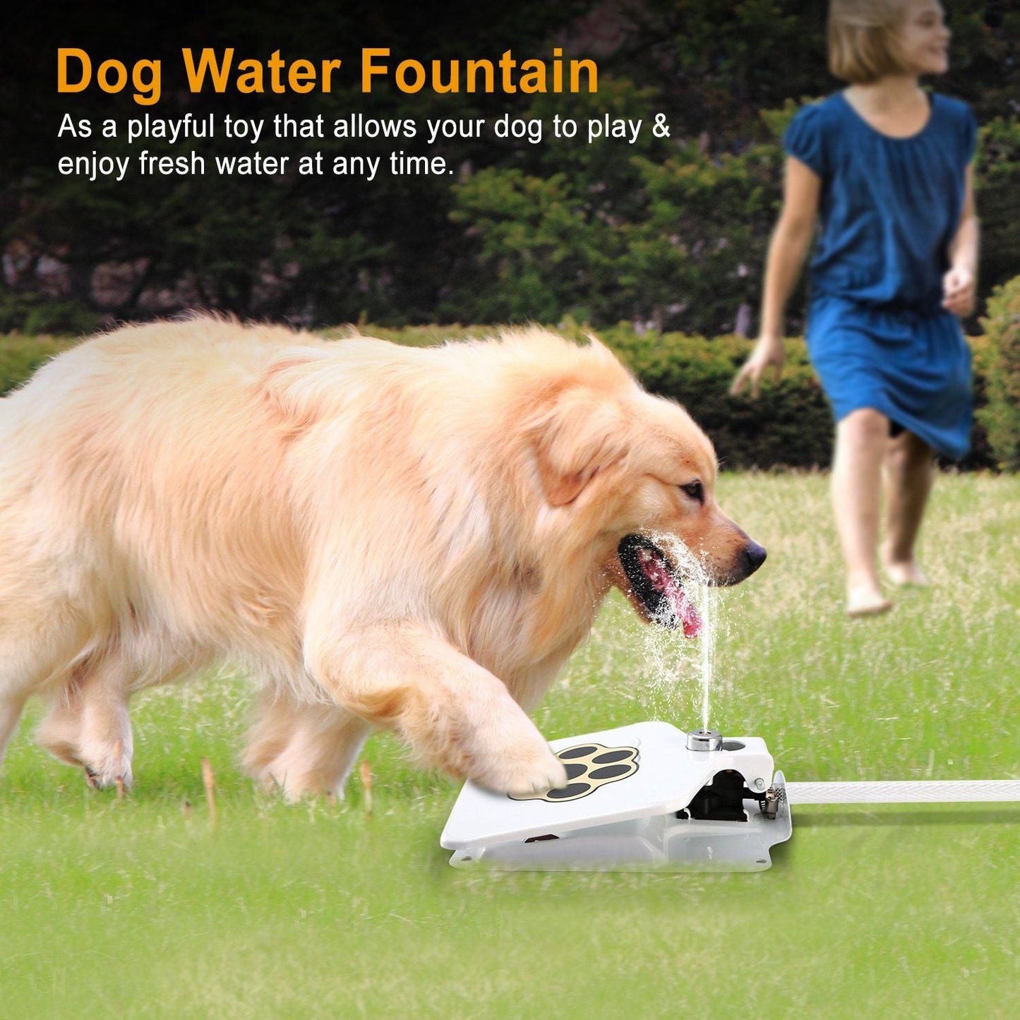 White step-on pet water fountain spraying water from the paw-icon nozzle