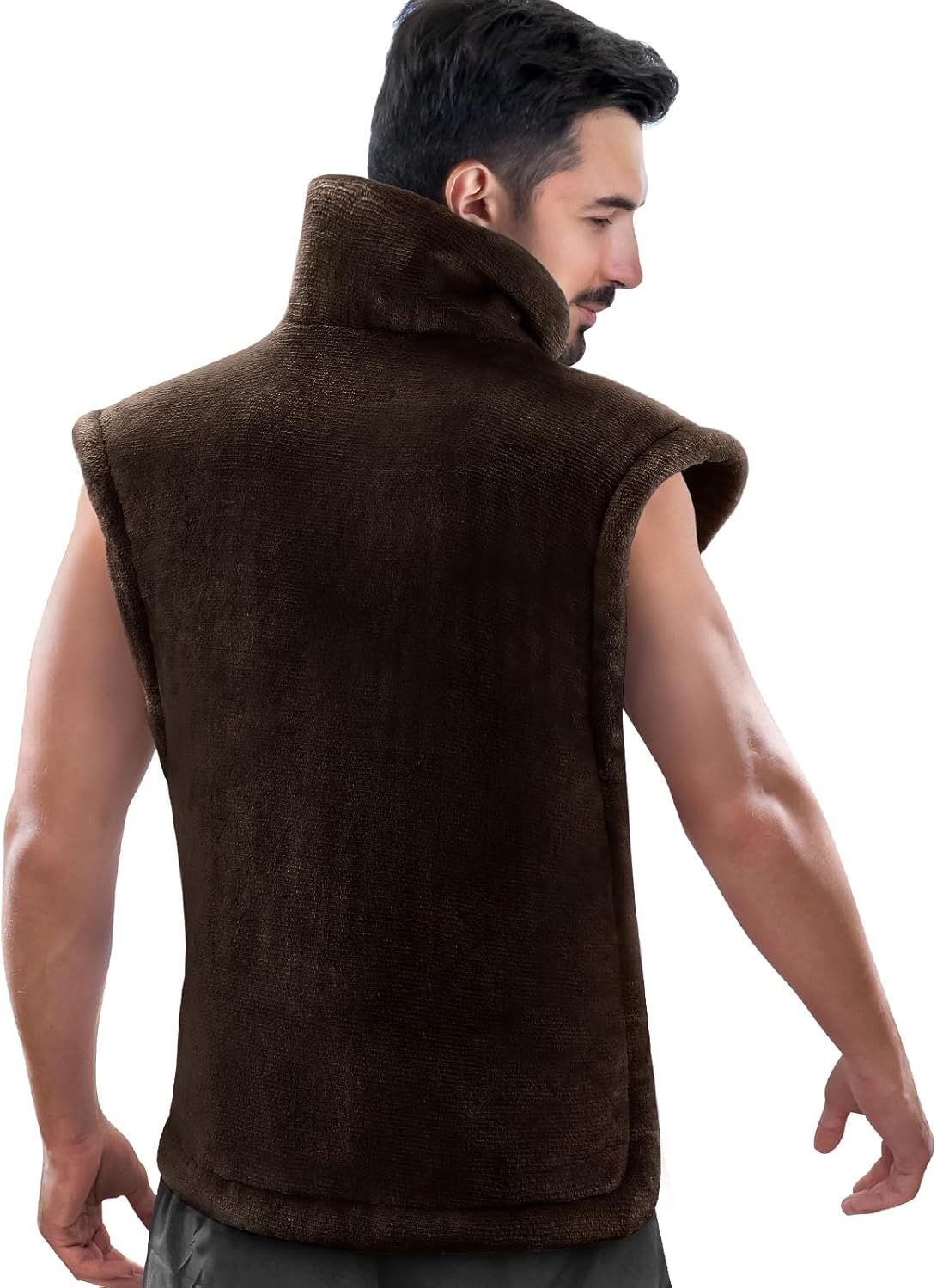Brown weighted heating pad vest for neck and shoulders, sleeveless design