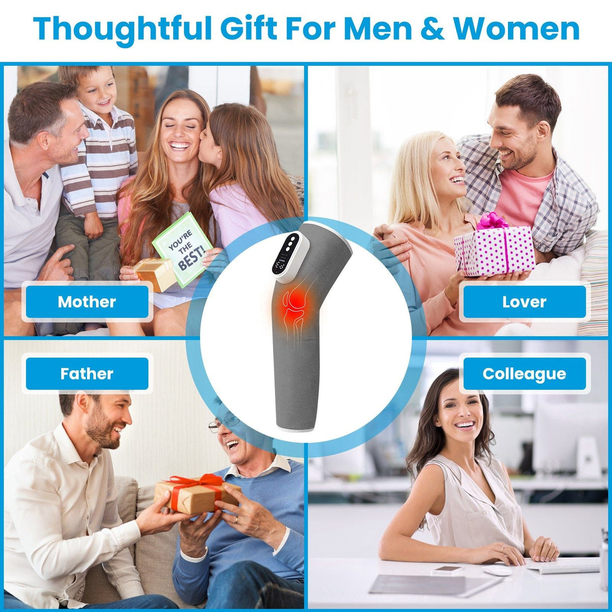 Grey leg massager wrap shown on legs with control panel, heat and air-compression icons