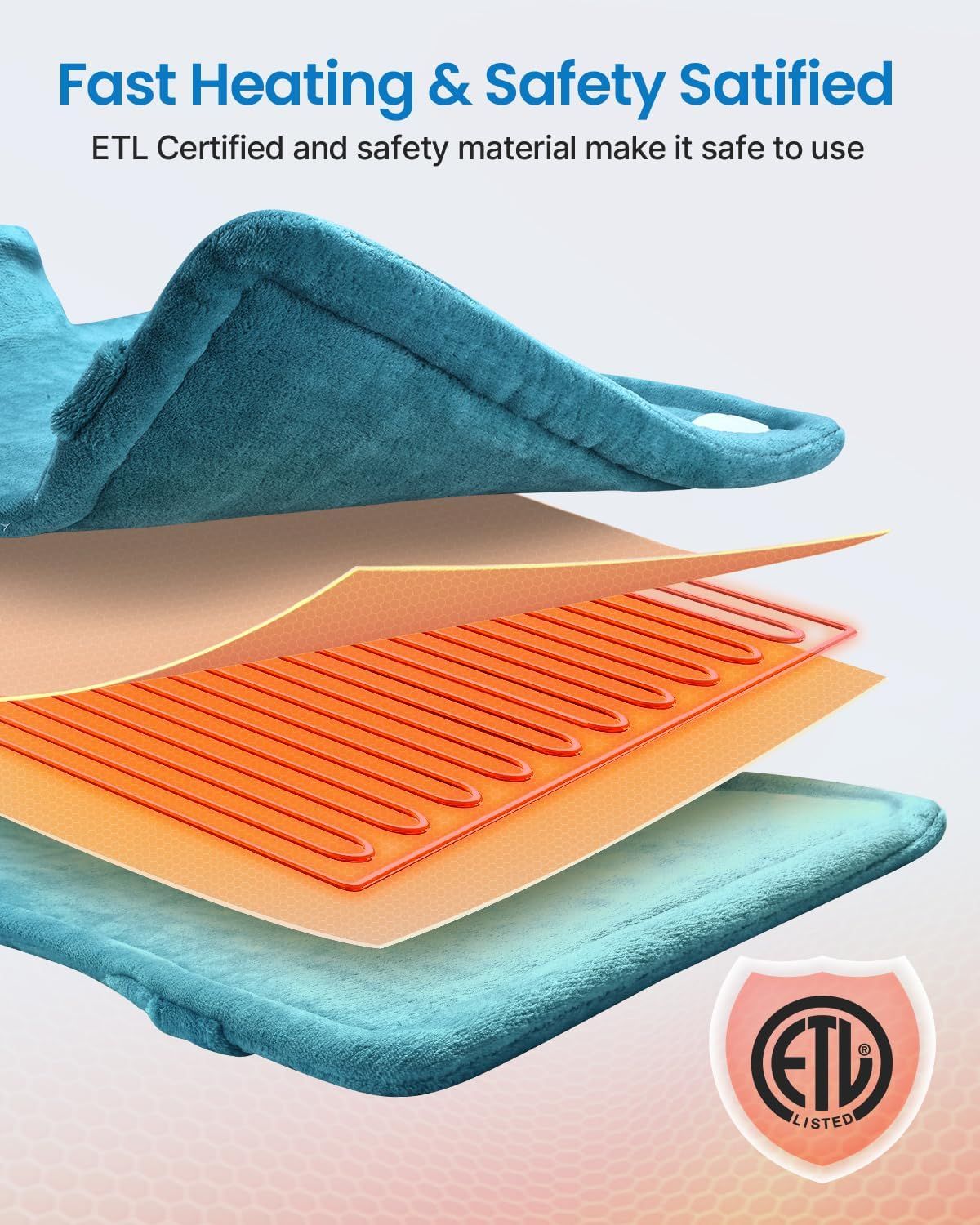 Teal electric heating pad with heat-trace style pattern and safety seal detail