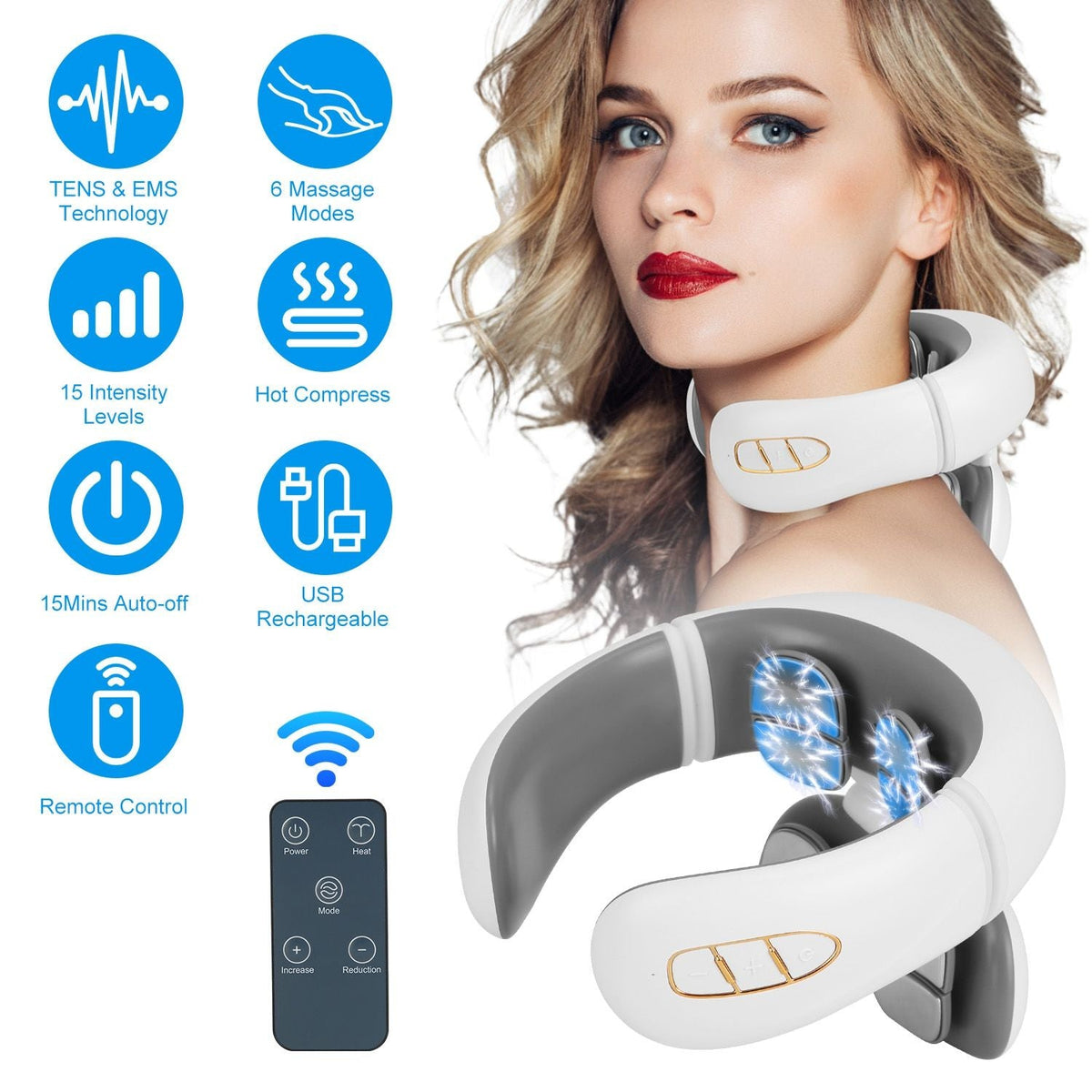Electric cervical neck massager with heat, white collar and gray massage pads