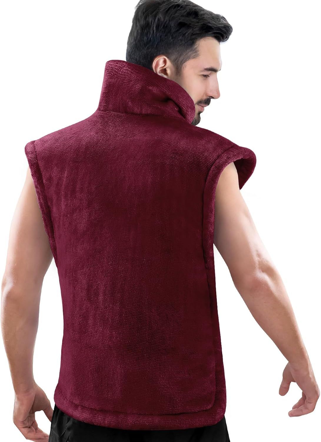 Burgundy weighted heating pad vest for neck and shoulders, sleeveless design