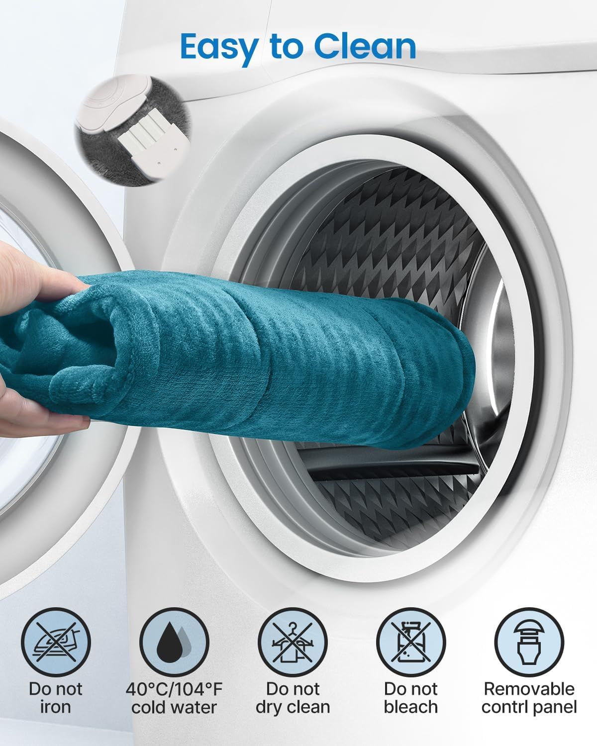 Teal electric heating pad cover being placed into a washing machine