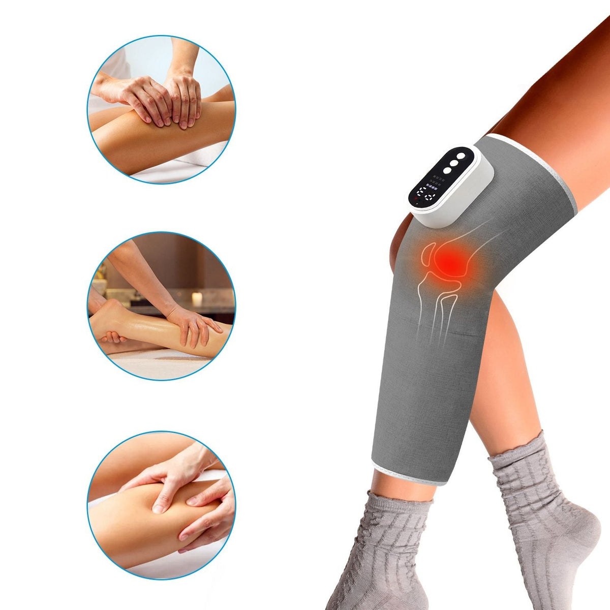 Grey knee and calf air compression massager wrap with heat panel