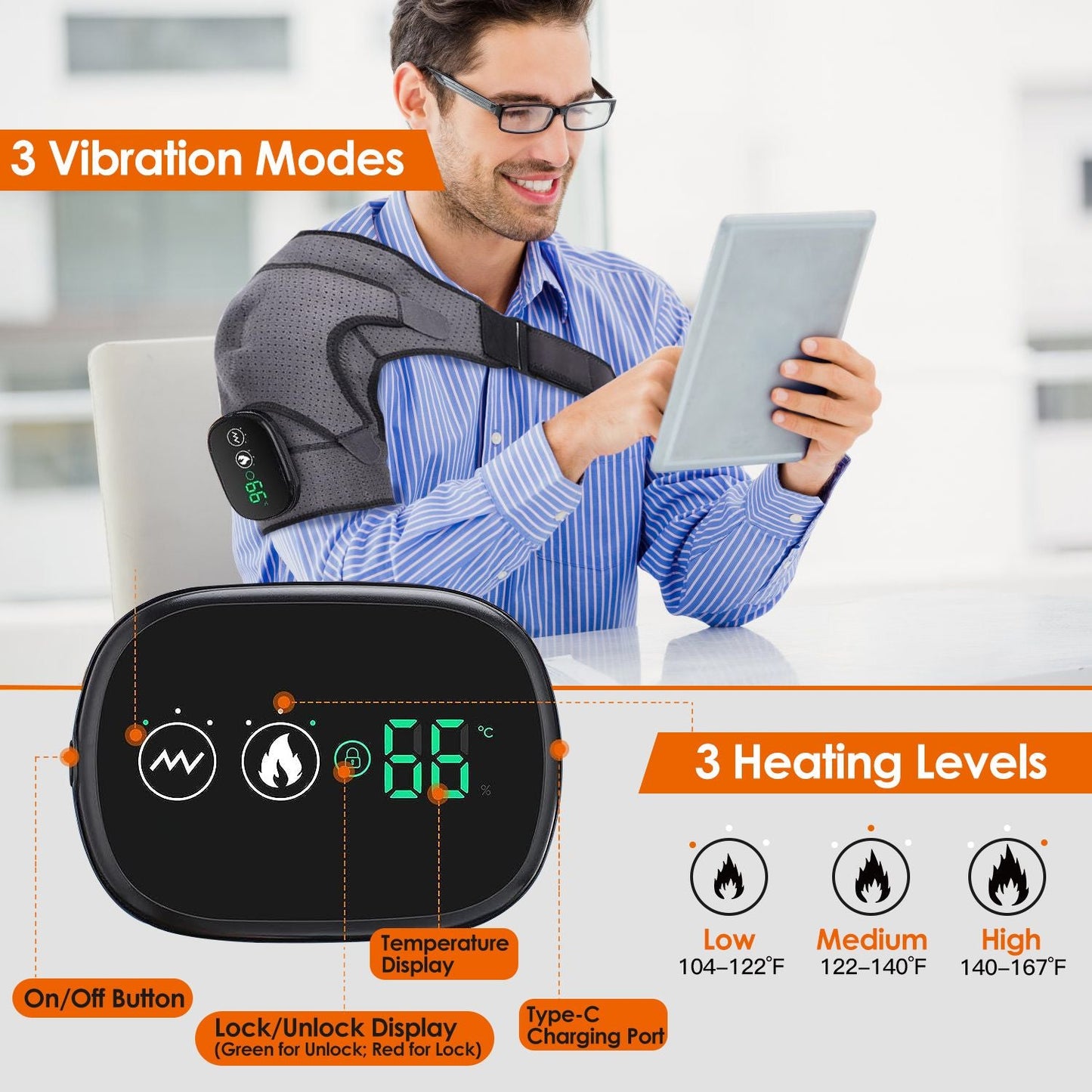 Grey heated shoulder wrap massager with controller displaying heating levels