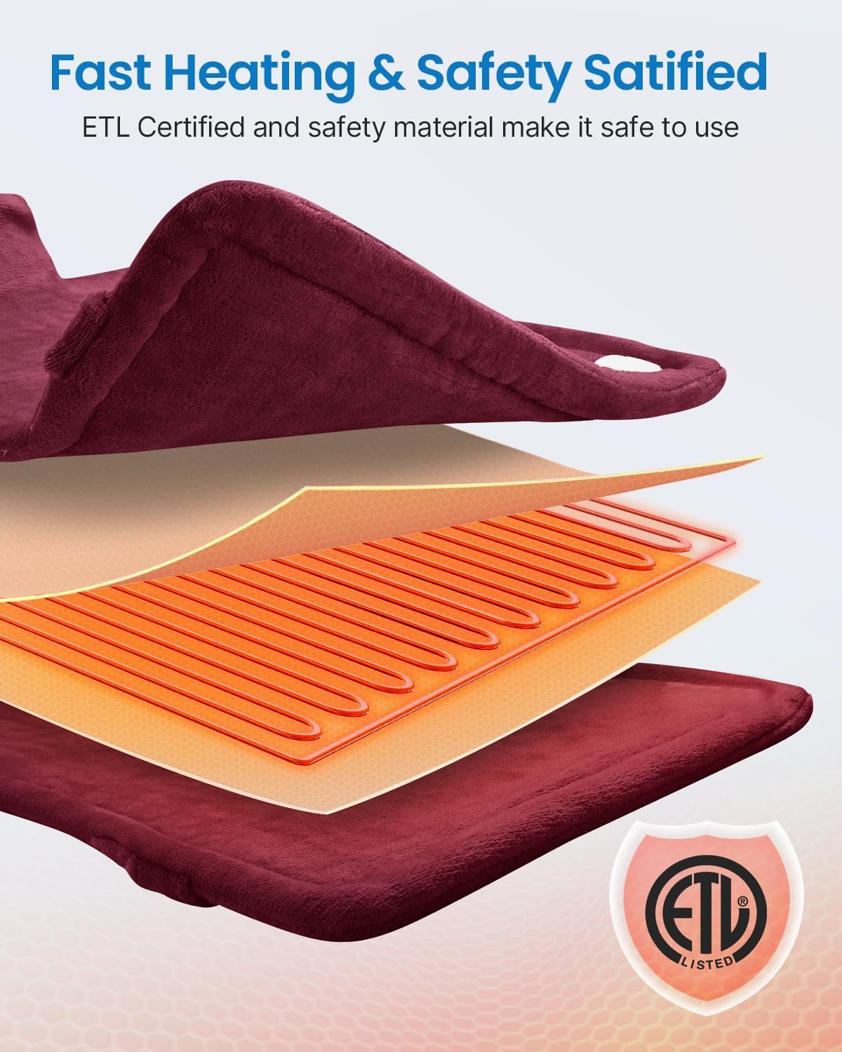 XL electric heating pad, dark maroon cover with heating grid detail and ETL badge