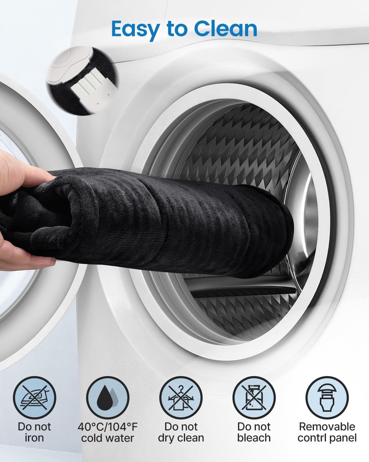 Black electric heating pad cover being placed into a washing machine