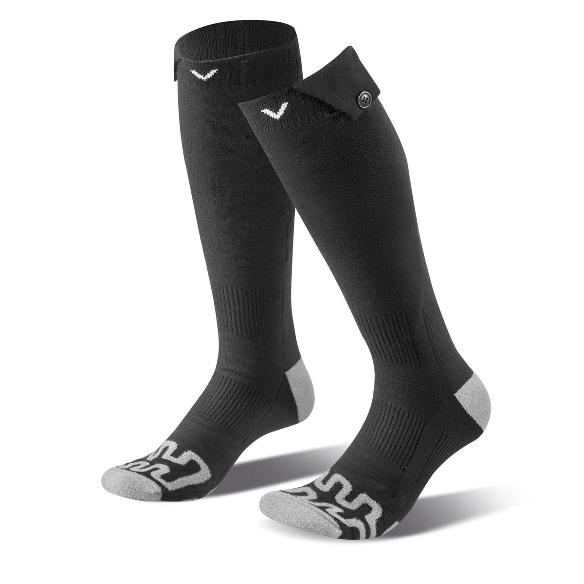 Black heated socks set with gray toe and heel, cushioned footbed, V logo markers