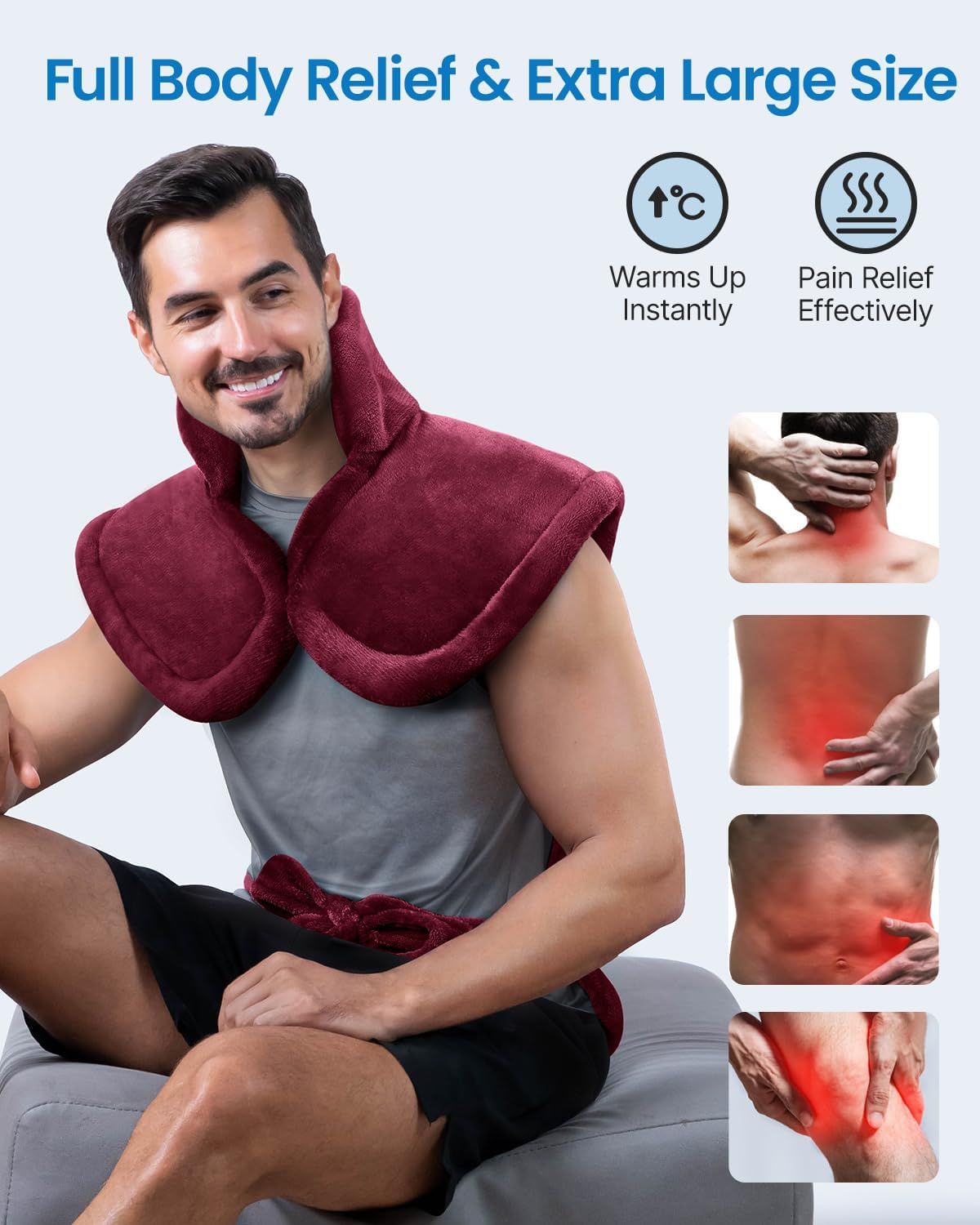 Burgundy electric heating pad worn around the neck on a seated person