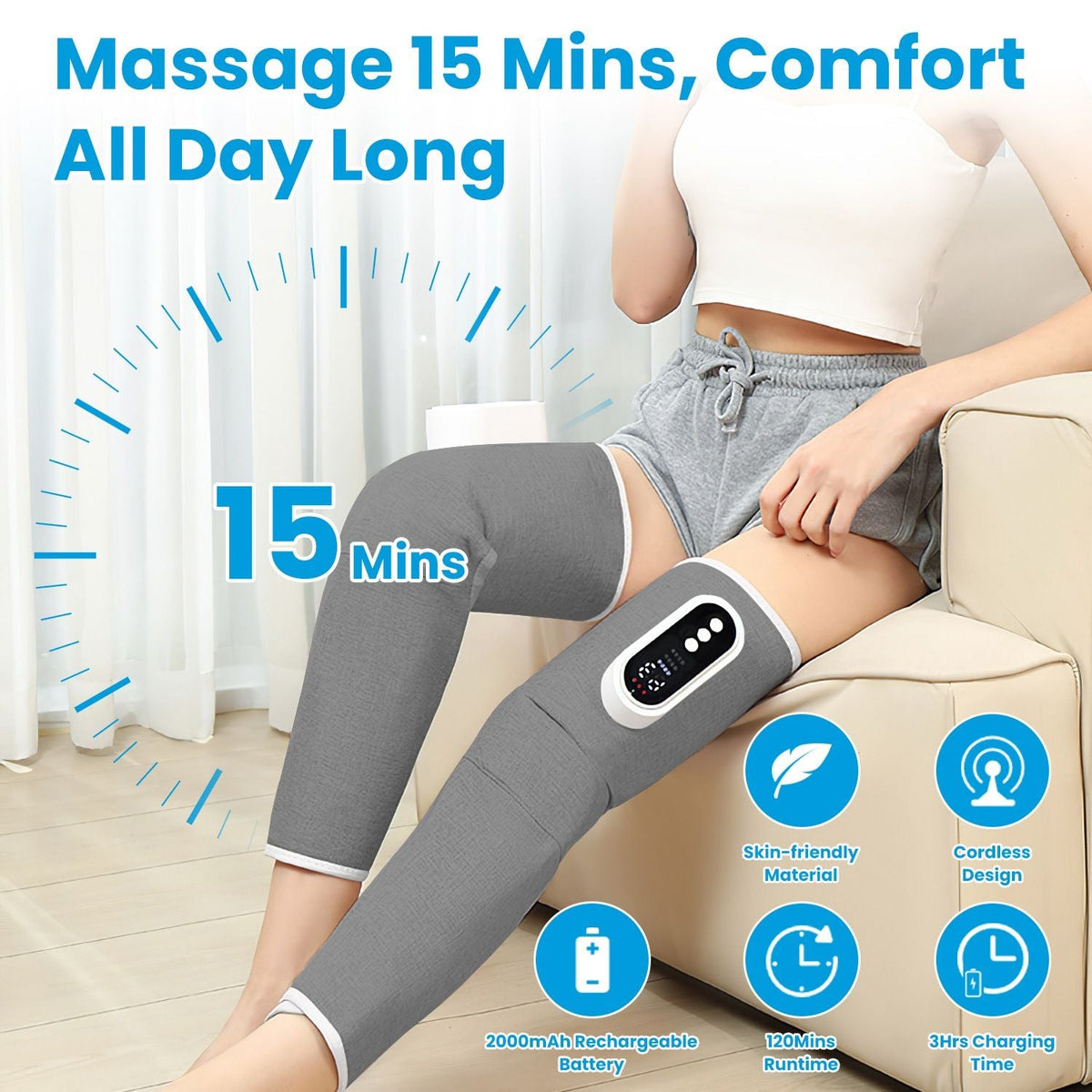 Grey cordless leg massager wrap with controller on thigh and knee