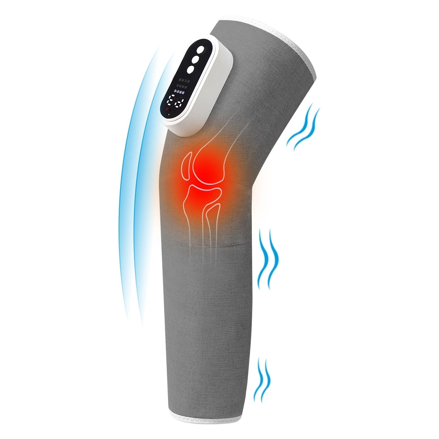 Grey leg massager sleeve with heated controller and air compression channels