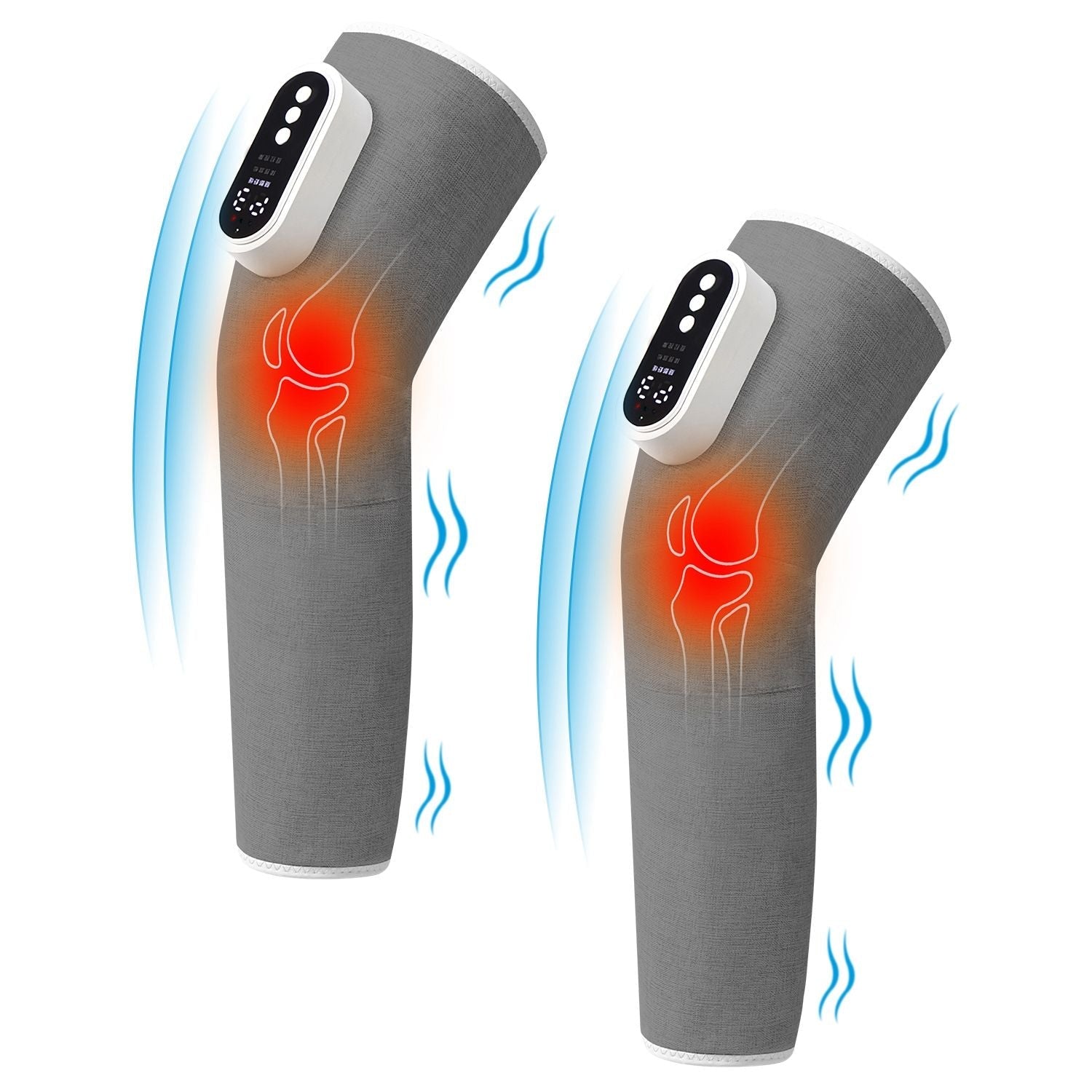 Pair of grey leg massager wraps with blue heat waves and red warmth glow