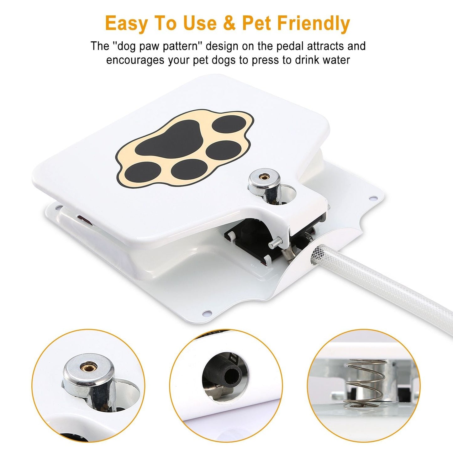 White step-on pet water fountain pedal with paw icon and attached nozzle