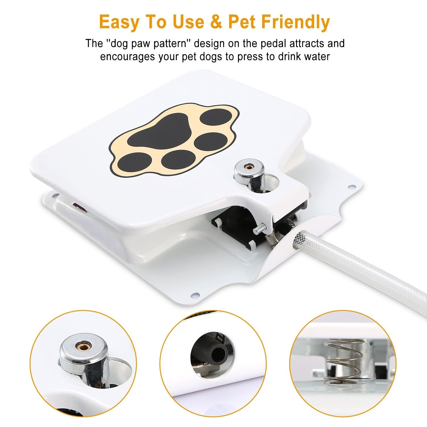 White step-on pet water fountain pedal with paw icon and attached nozzle