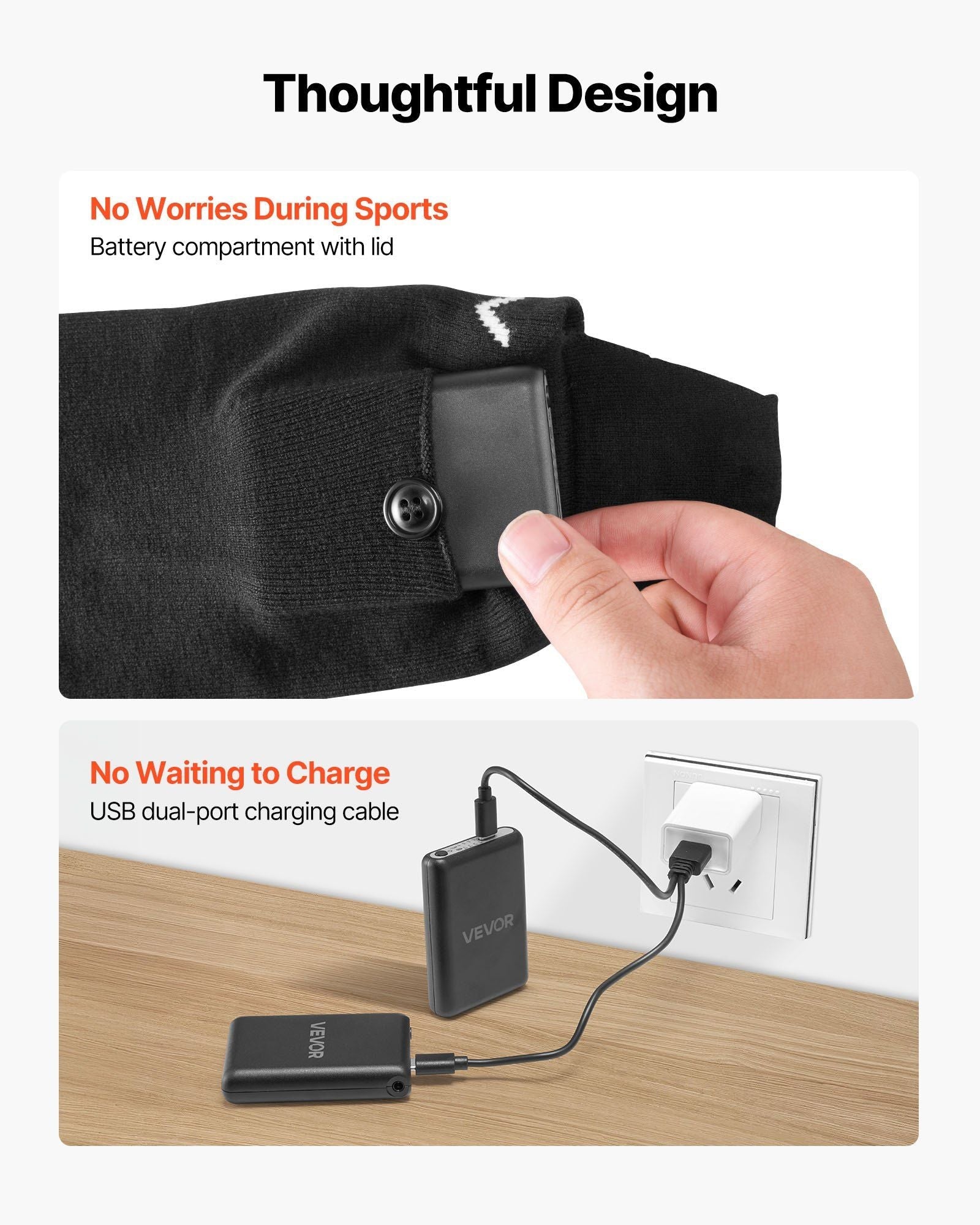 Heated socks with battery compartment lid and USB charging cable shown