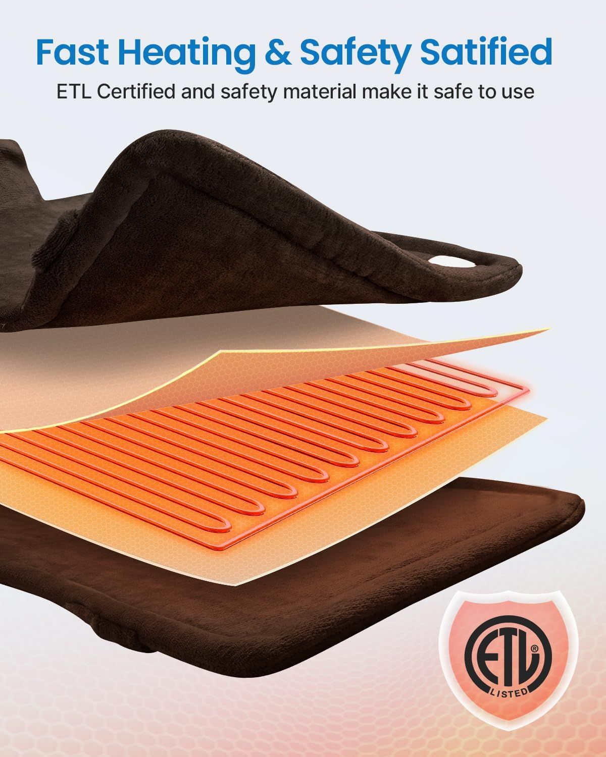 XL electric heating pad, dark maroon cover over orange heating grid with ETL badge