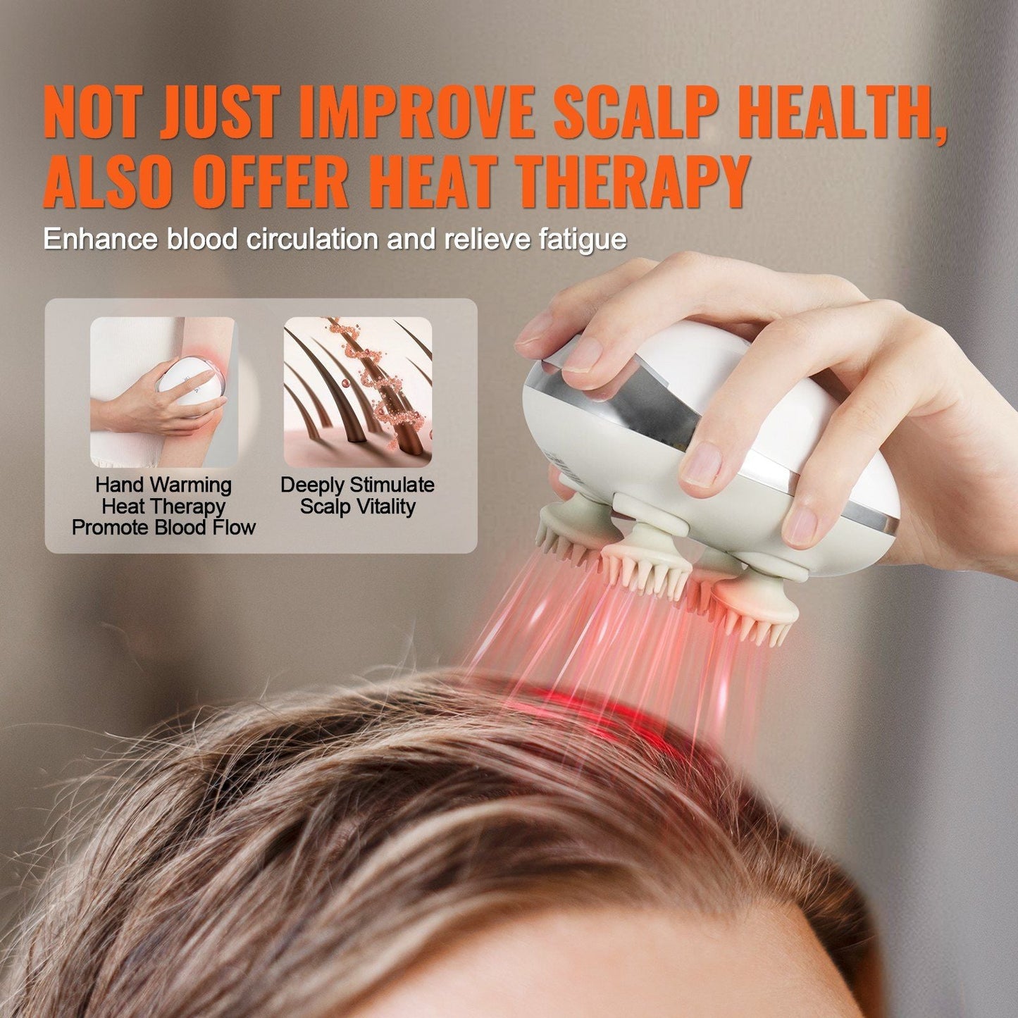 Heated scalp massager with white grip, gray top, and silicone kneading brush nodes